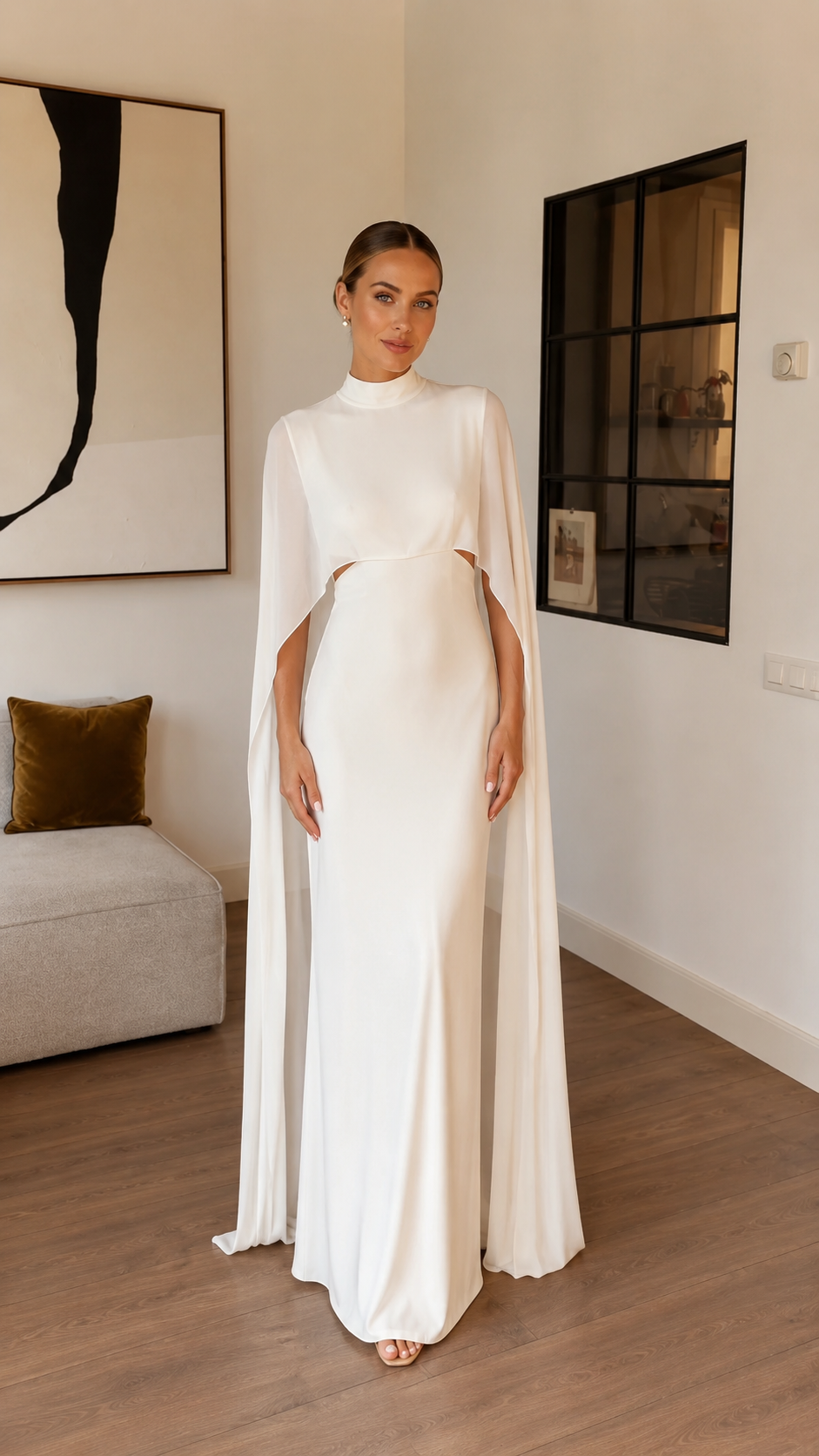 Front view of white mock neck cape sleeve formal maxi dress