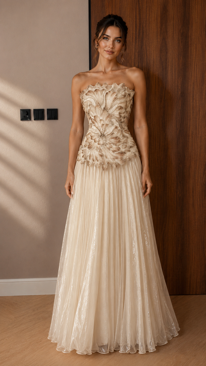 Front view of champagne strapless appliqué formal gown with soft A-line tulle skirt