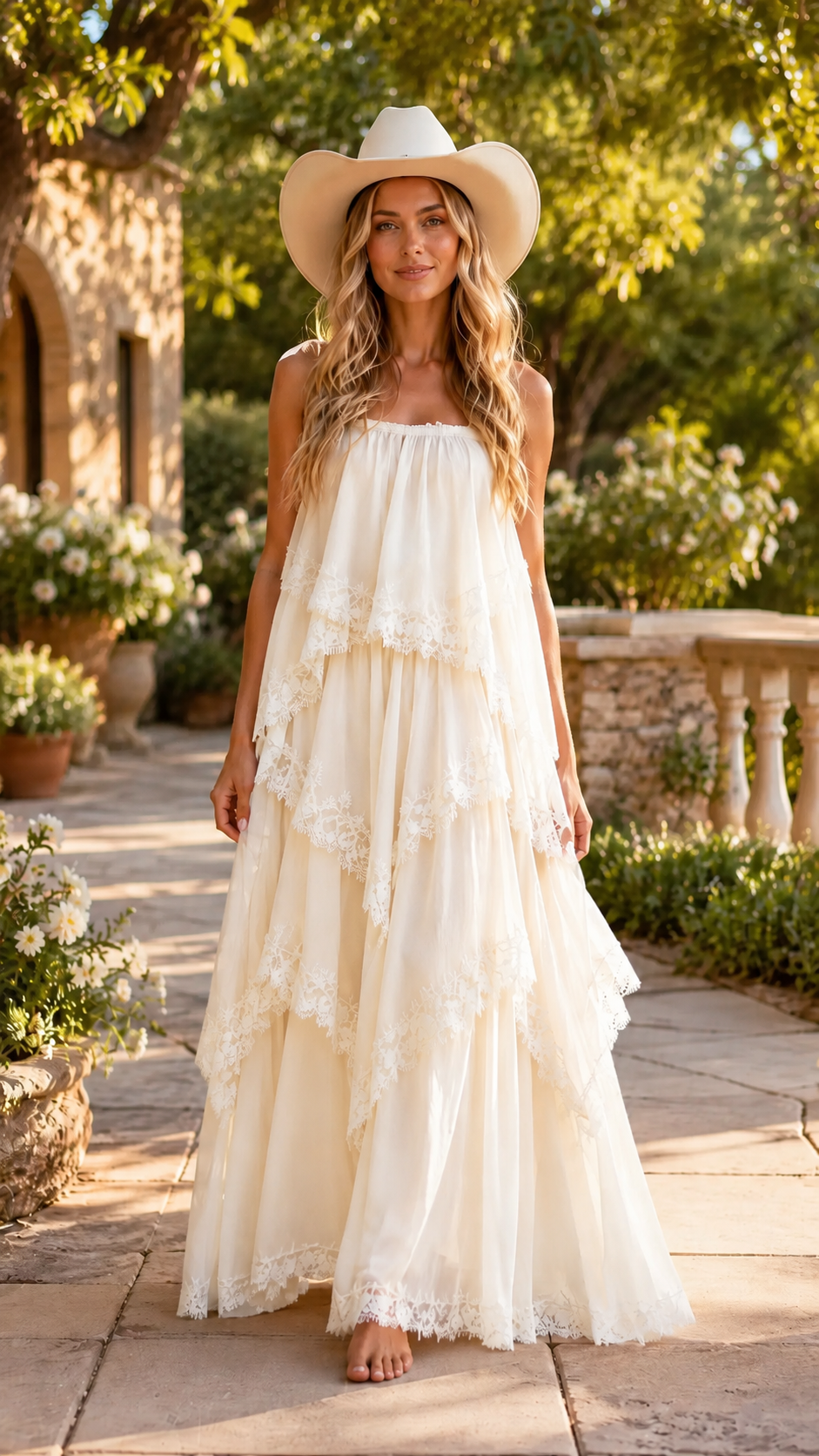 Front view of ivory tiered lace trim sleeveless maxi dress