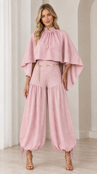 Dusty pink capelet top and ruched balloon pants set with gold belt