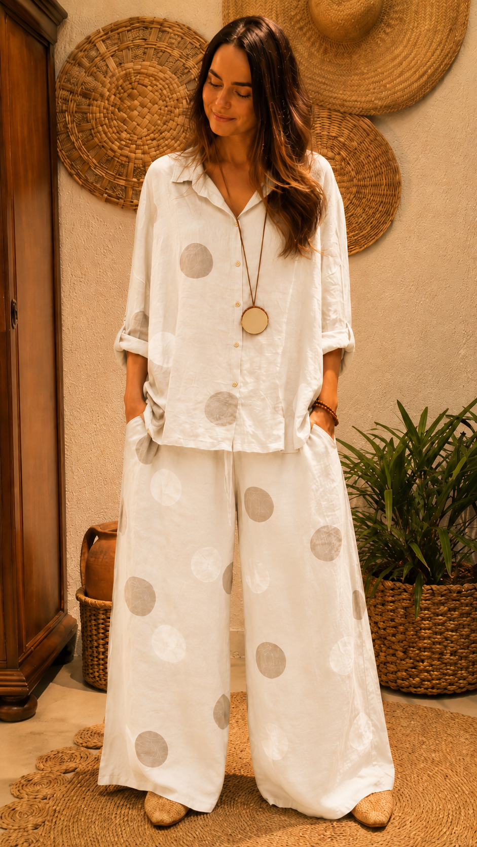 White polka dot matching shirt and wide leg pants set for women with relaxed fit
