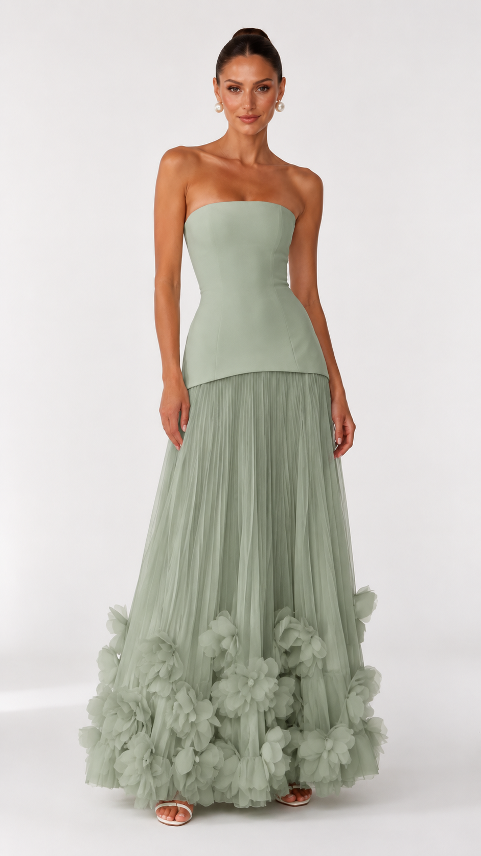 Front view of sage strapless maxi dress with pleated skirt and floral hem