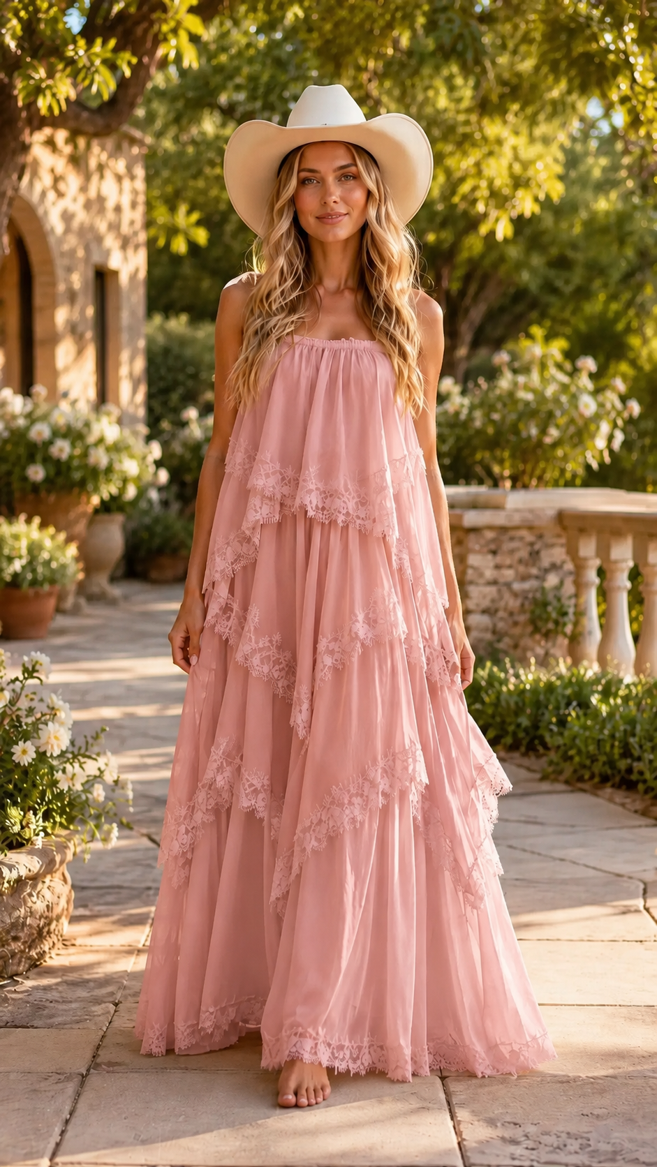 Front view of dusty pink tiered lace trim sleeveless maxi dress