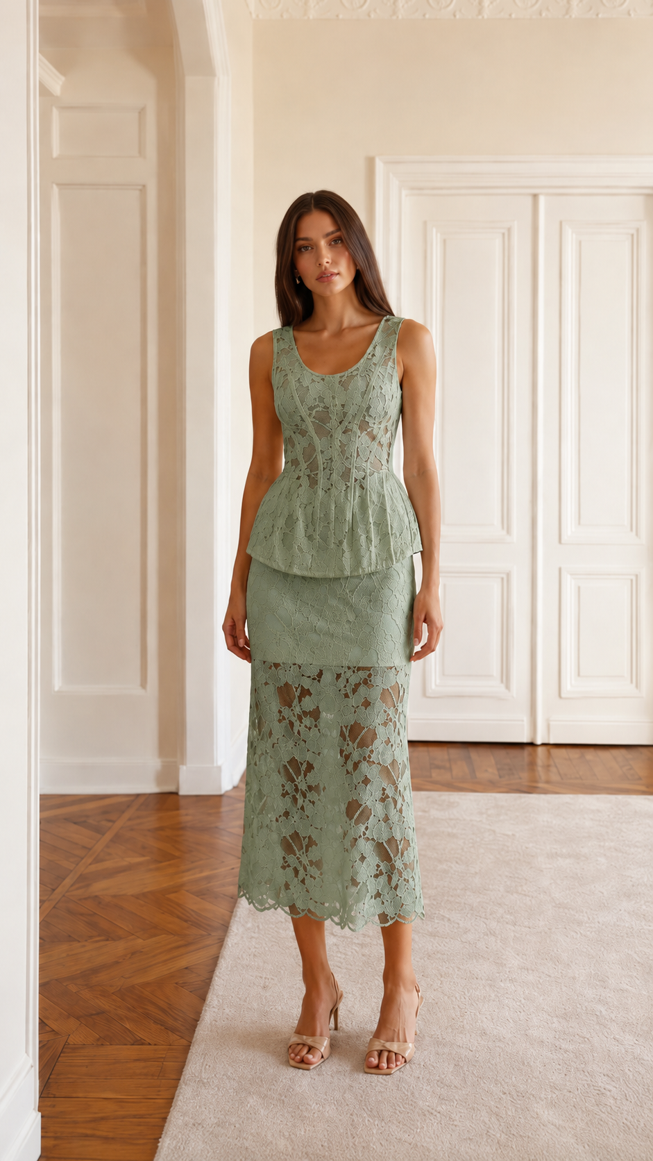 Front view of sage sleeveless lace peplum midi dress set