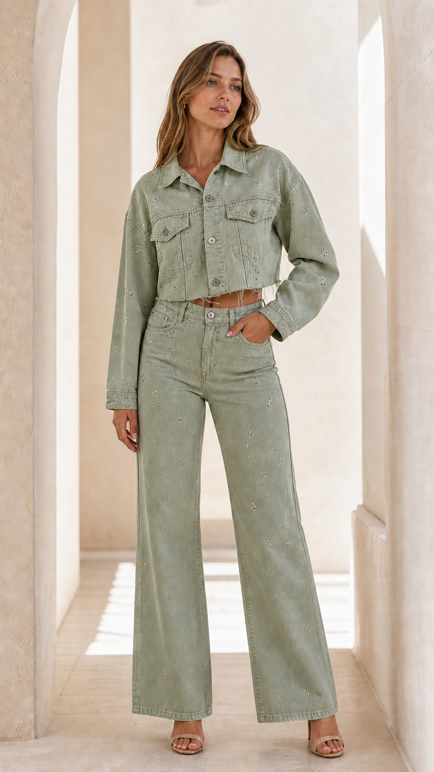 Woman wearing Sage Green rhinestone cropped jacket and wide leg jeans two piece set
