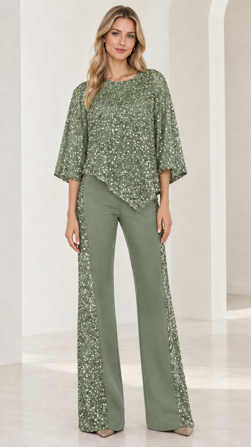 Front view of sage green sequined poncho top and wide leg pant set