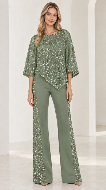 Front view of sage green sequined poncho top and wide leg pant set
