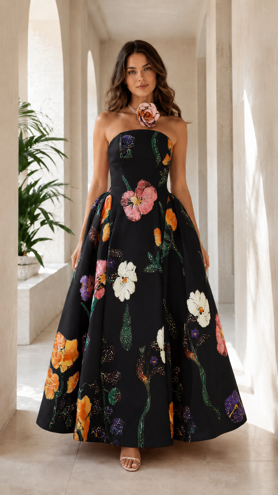 Front view of black strapless floral ball gown maxi dress with dramatic full skirt