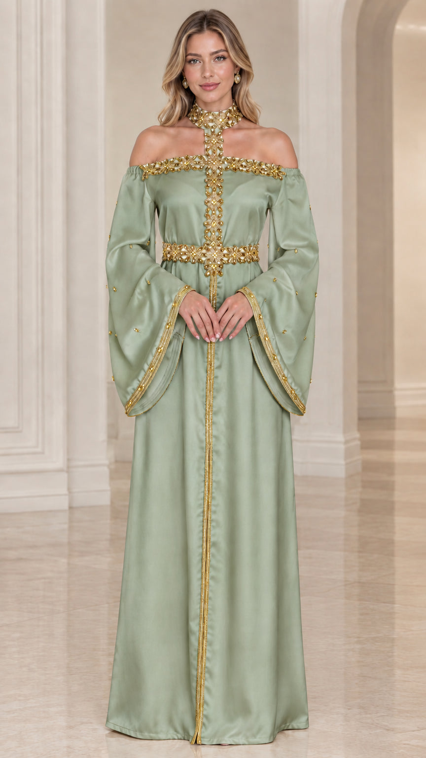 Front full-length view of sage green satin embellished maxi dress with bell sleeves