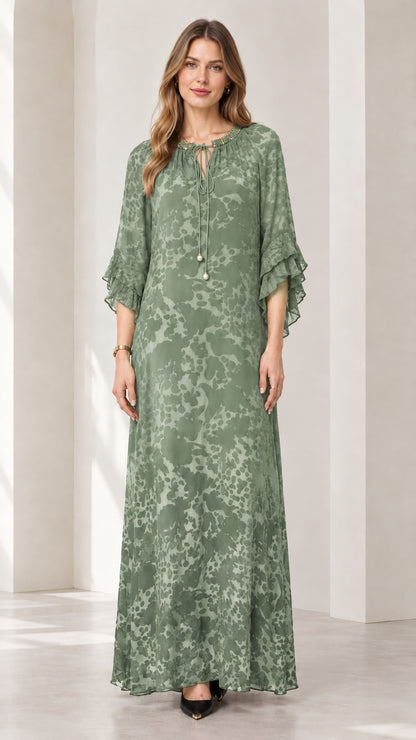Sage Green beaded tie-neck flutter sleeve maxi dress on model