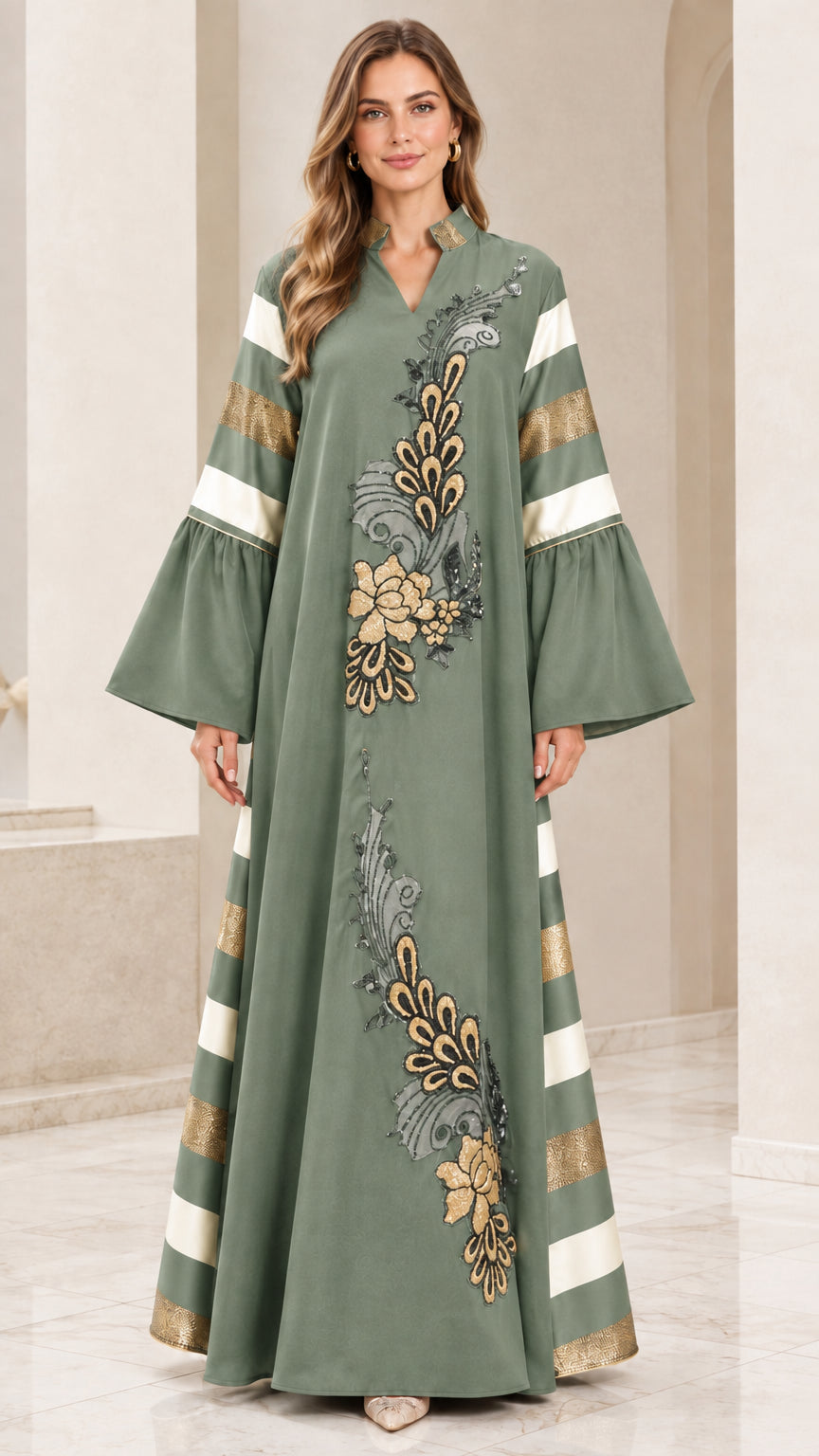 Full-length front view of sage green floral embroidered abaya dress with bell sleeves
