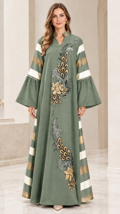 Full-length front view of sage green floral embroidered abaya dress with bell sleeves