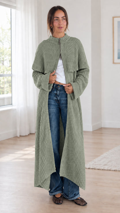 Front view of sage green ribbed knit longline capelet cardigan duster coat