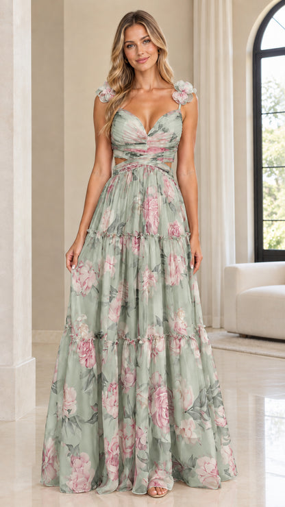 Woman wearing sage green floral tiered cut-out maxi dress with 3D shoulder flowers