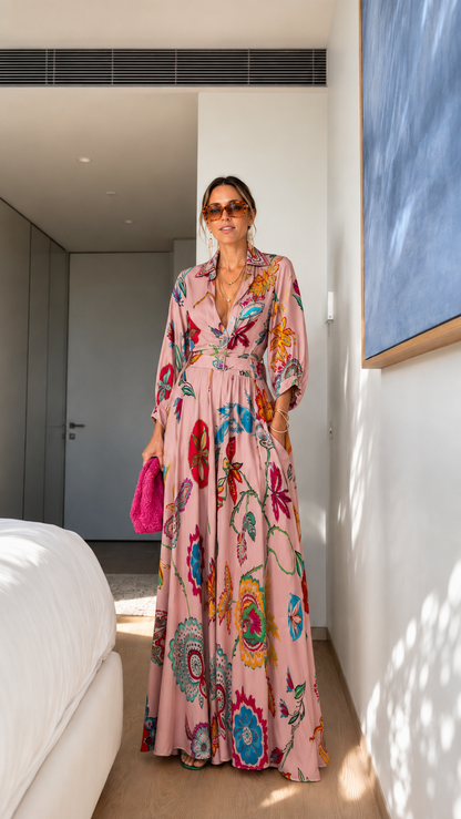 Front view of blush pink printed collared maxi dress with waist belt