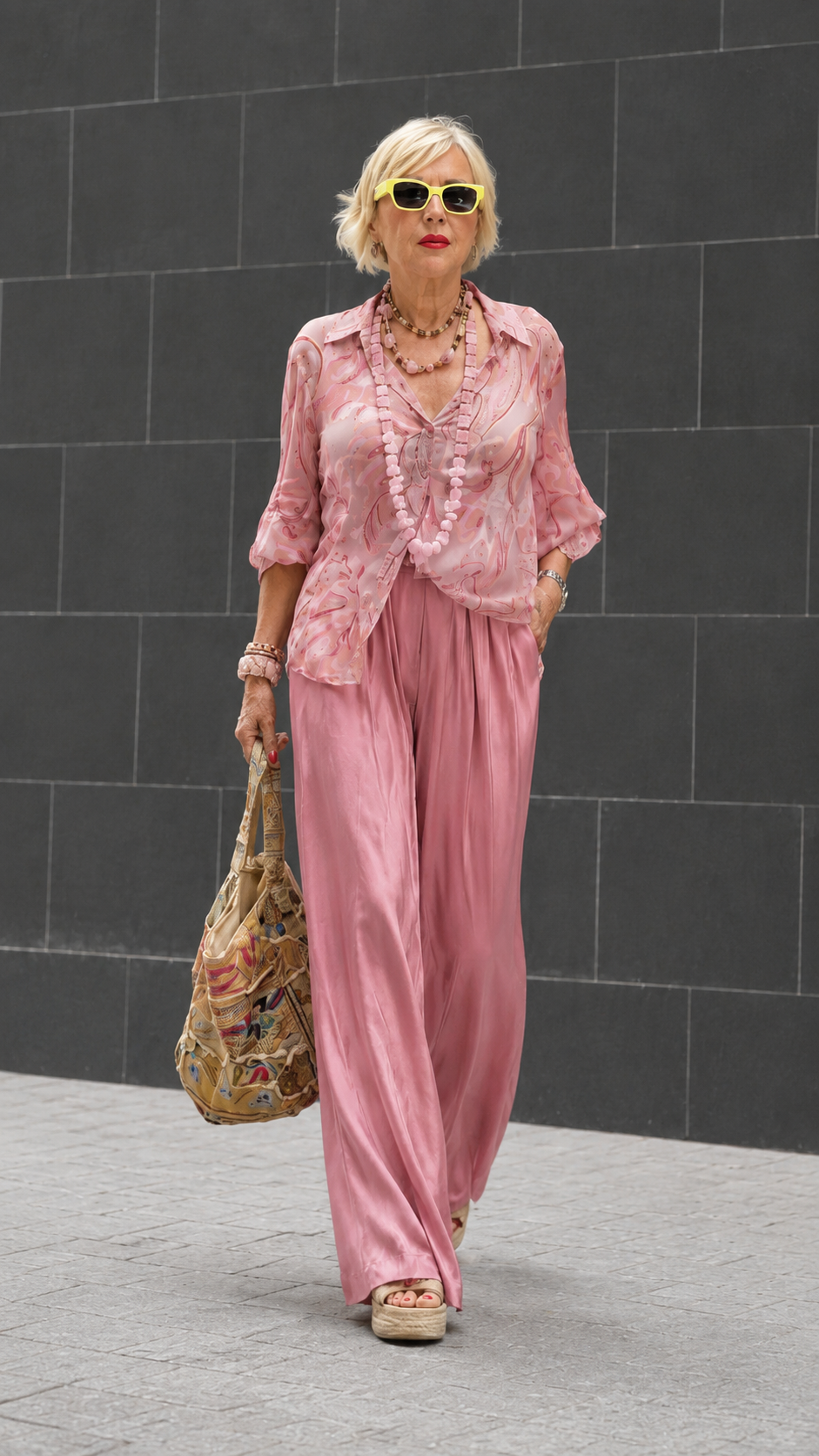 Front view of blush pink printed blouse with matching wide-leg pants set