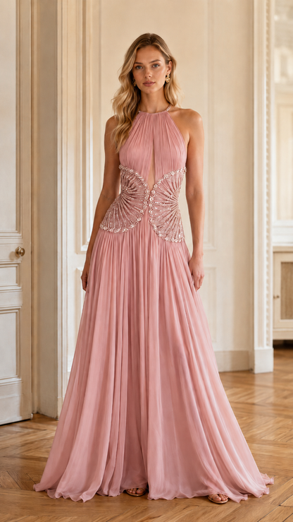 Front view of blush pink pleated halter evening gown with embellished waist