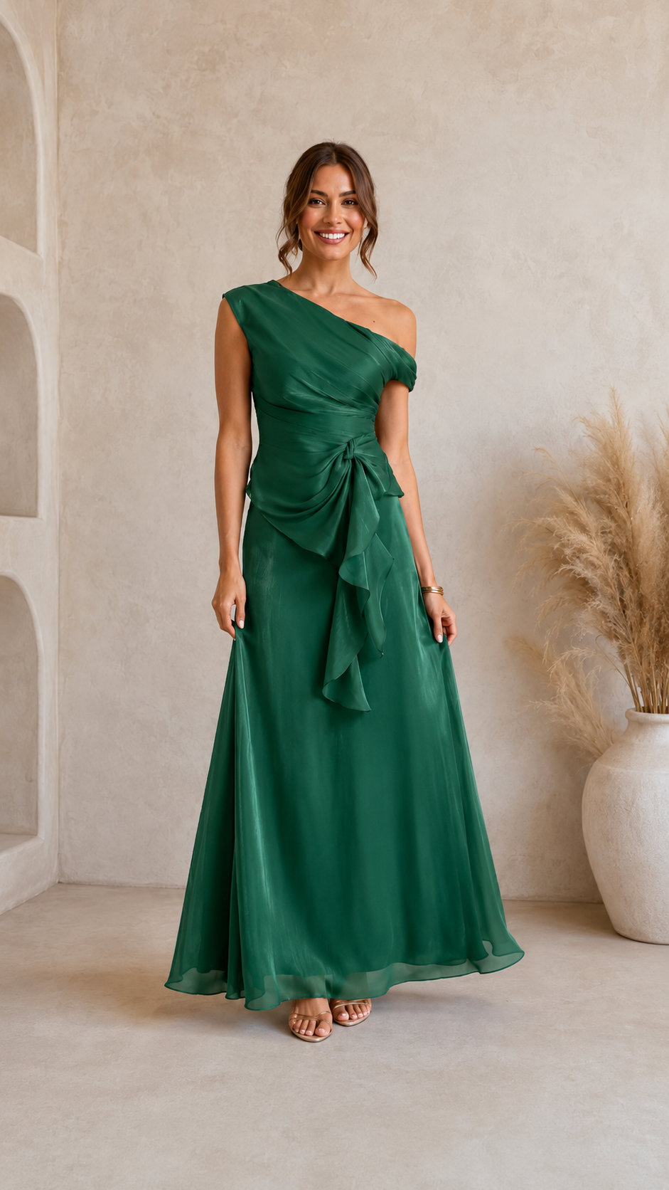 Emerald green one-shoulder maxi dress with ruched waist and cascading ruffle