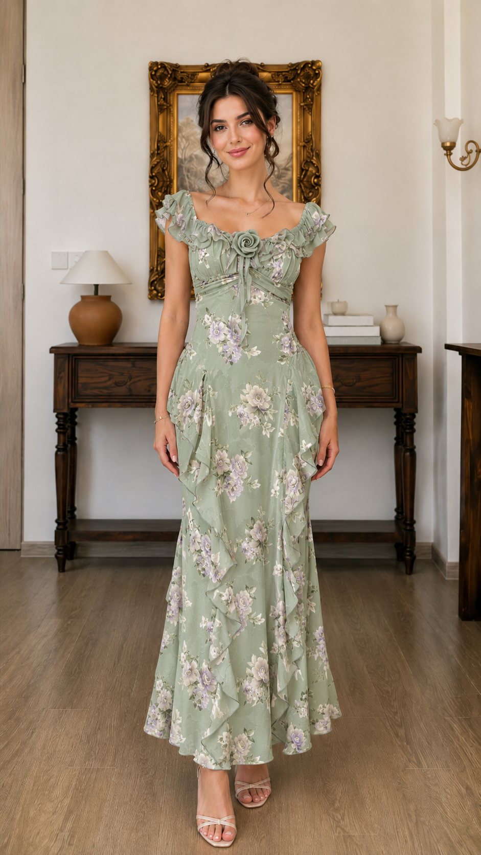 Front view of sage green floral maxi dress with flutter sleeves and maxi length