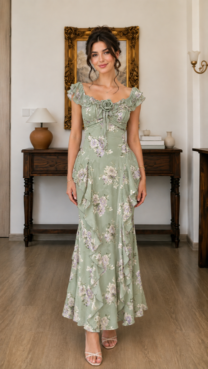 Front view of sage green floral maxi dress with flutter sleeves and maxi length