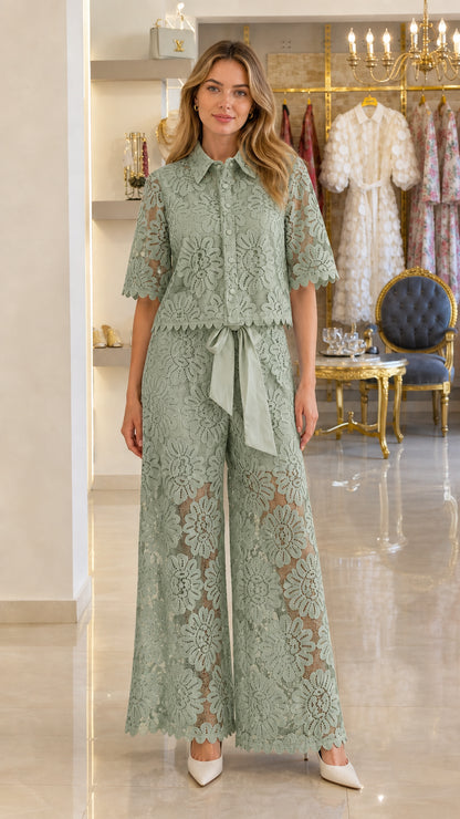 Model wearing sage green floral lace matching two-piece pant set