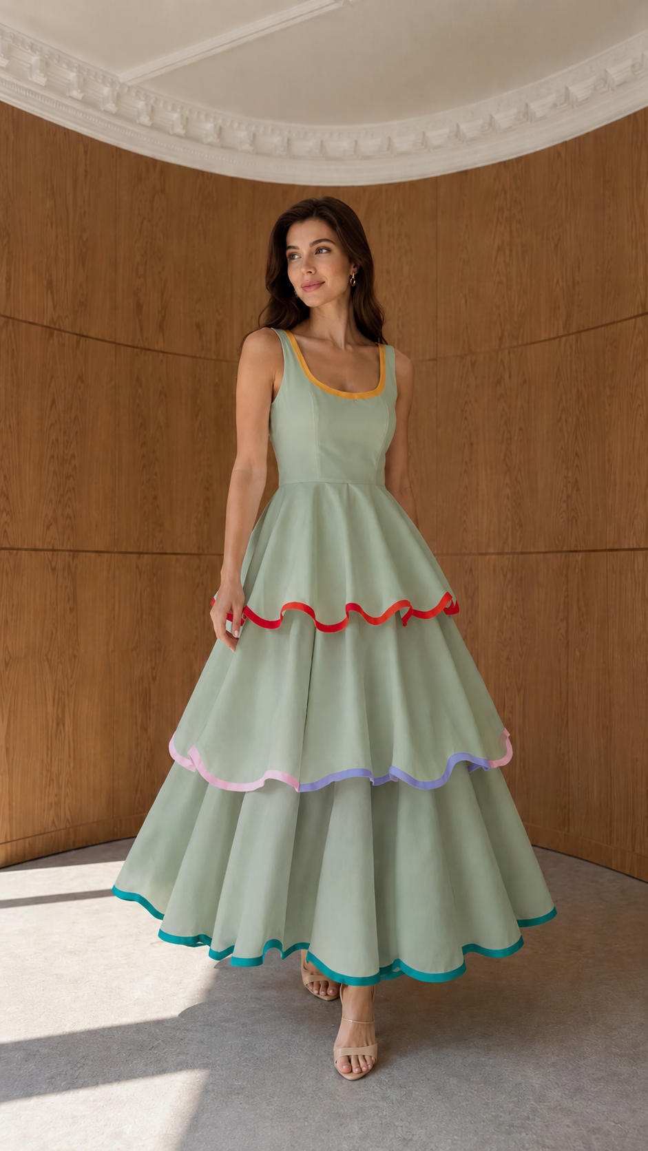 Front view of sage green tiered sleeveless maxi dress with colorful hem trim