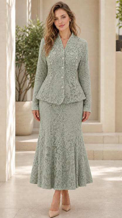 Model wearing sage green floral lace two-piece peplum skirt suit