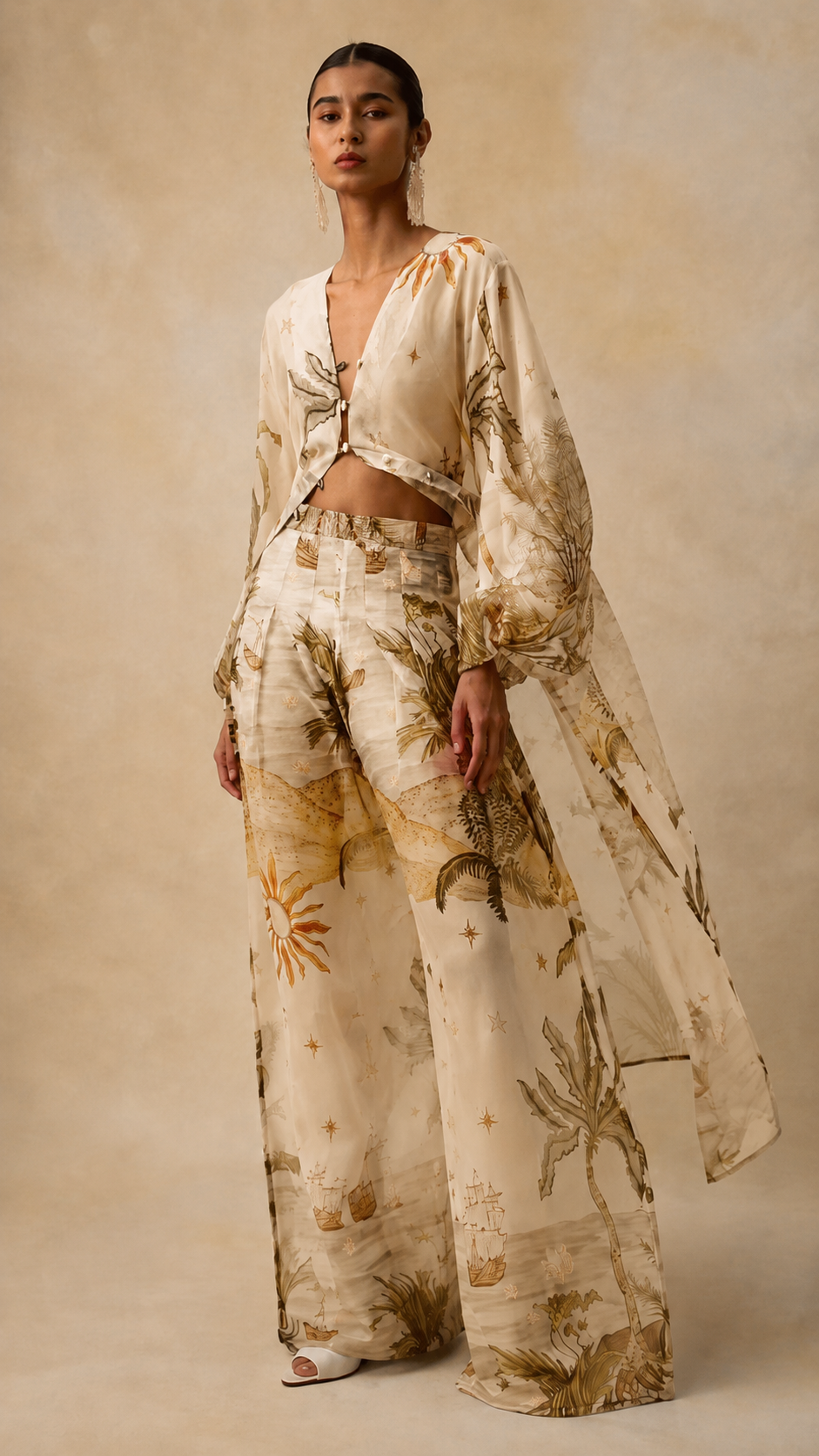 Front view of ivory printed three-piece pants set with deep V tie-front top