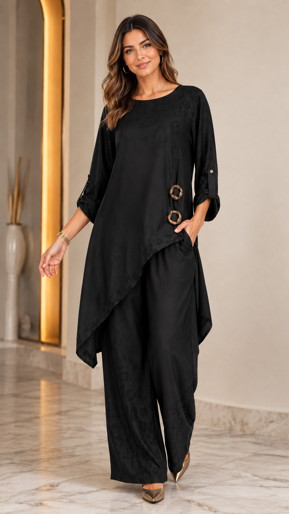 Women's black asymmetrical tunic and wide leg pants two piece set front view