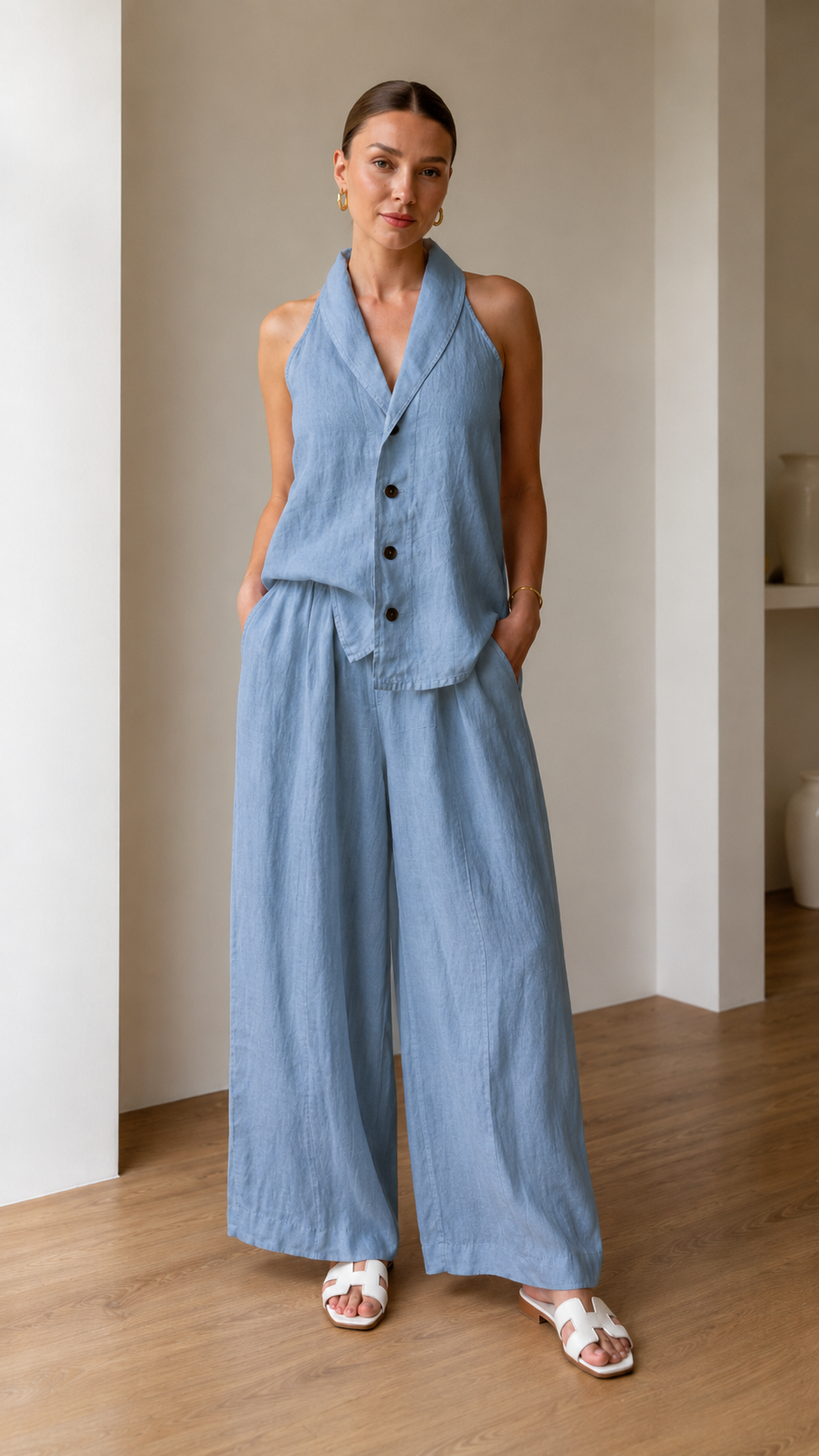 Dusty blue halter vest and wide leg pants matching set shown full length