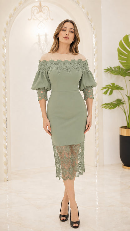 Front view of woman wearing Sage Green lace trim cocktail midi dress