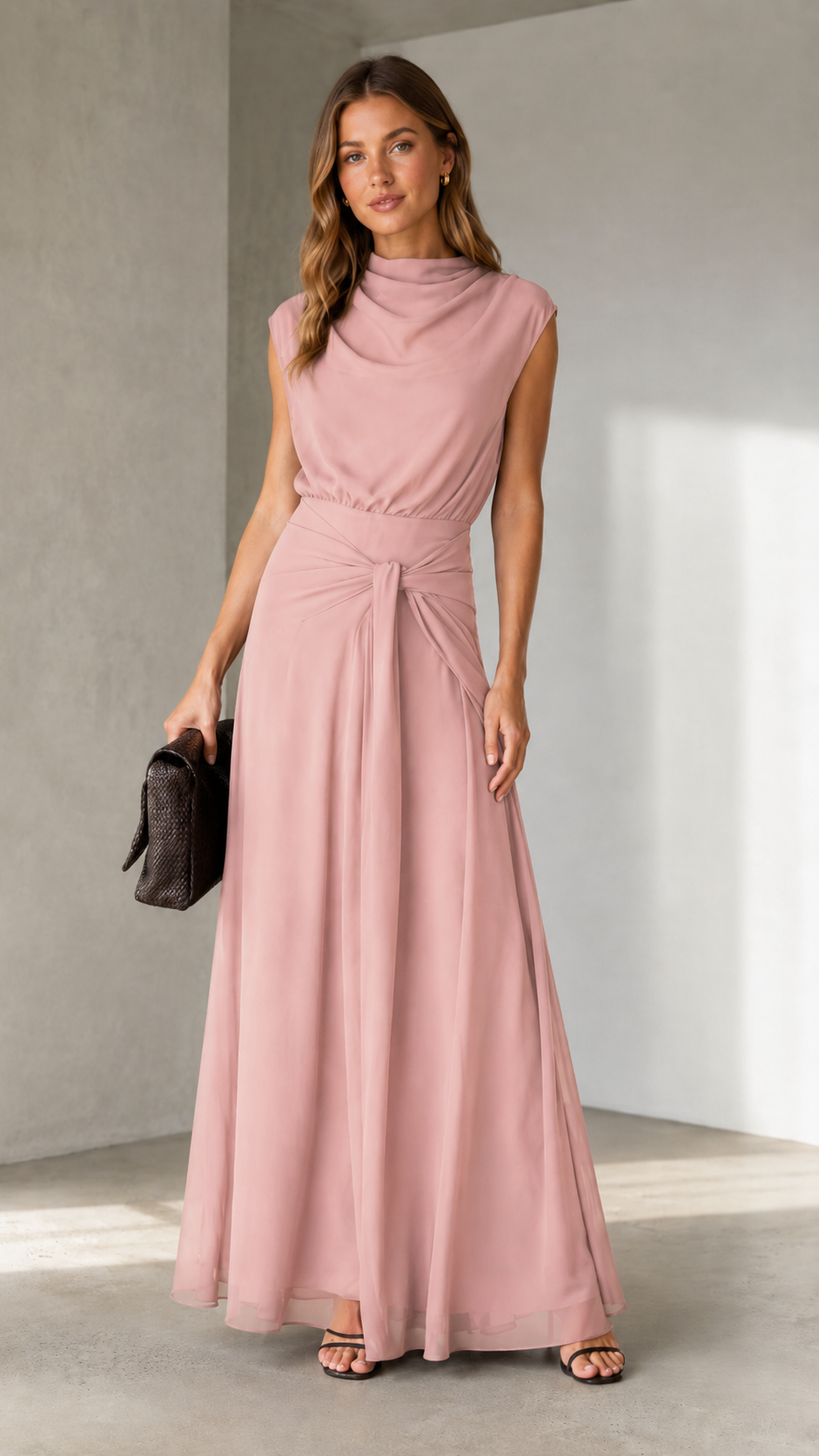Front view of blush pink draped mock neck sleeveless maxi dress with twist waist