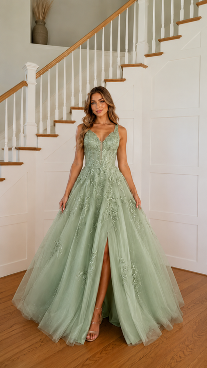 Front view of sage embroidered tulle ball gown with full skirt and slit