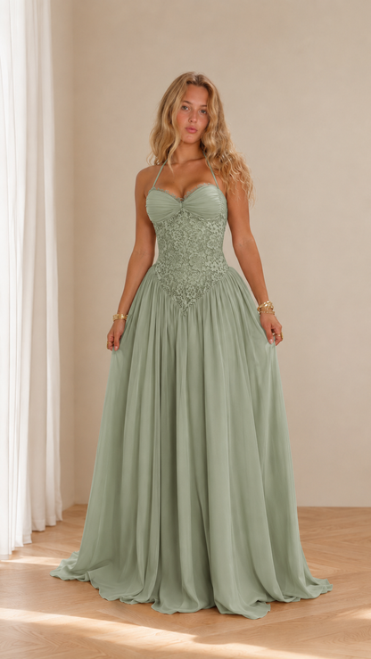 Front view of sage green lace corset floor-length gown