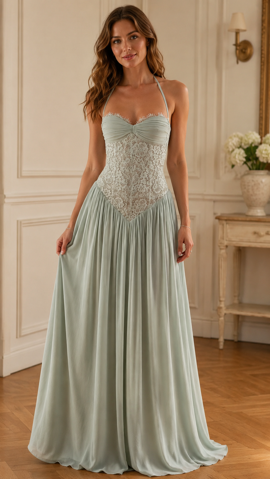 Front view of sage halter maxi dress with ruched neckline and gathered skirt