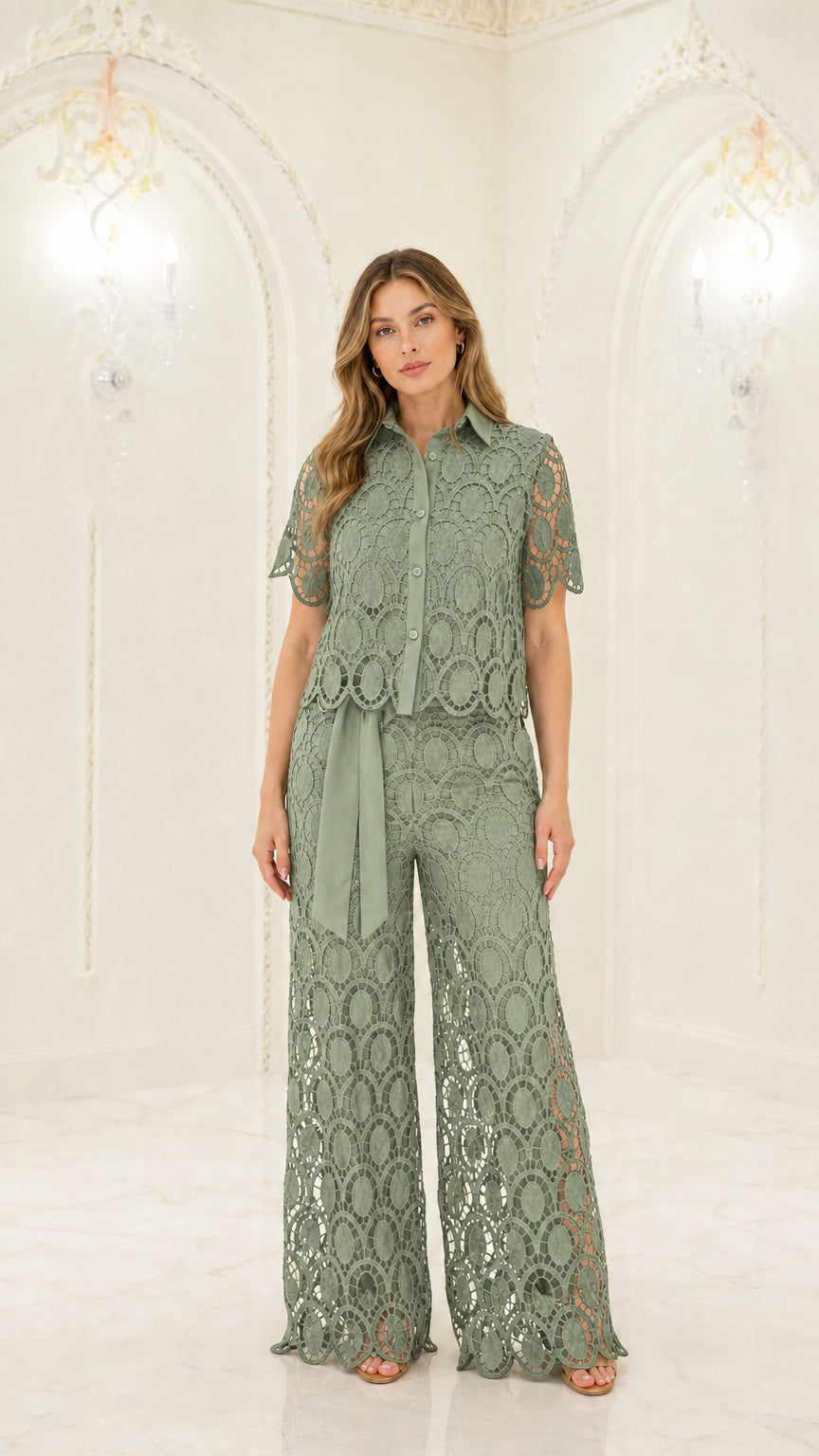 Sage green geometric lace collared button-up top and matching wide-leg trousers set