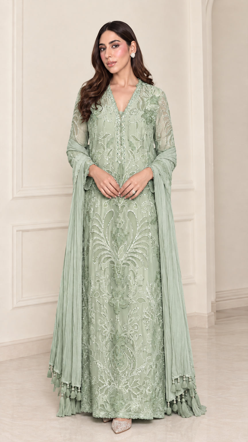 Full-length view of sage green floral embroidered evening maxi dress