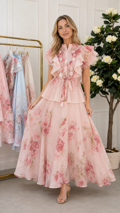 Front view of blush pink floral maxi dress with flutter sleeves and tiered waist