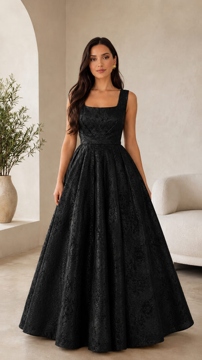 Black square neck sleeveless jacquard ball gown maxi dress front view