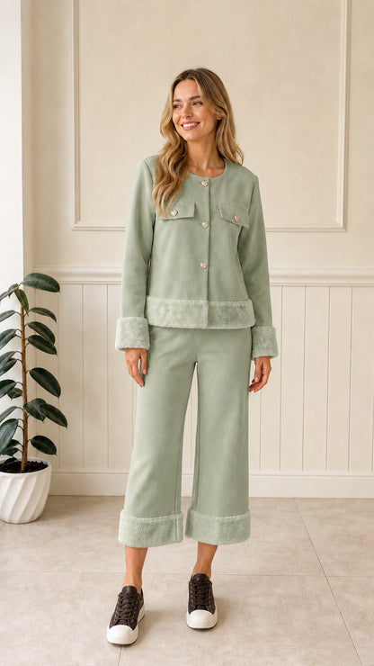 Front view of woman wearing sage green faux fur trim jacket and cropped pant set