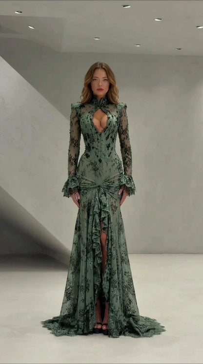 Front view of sage green lace corset mermaid dress with high neck