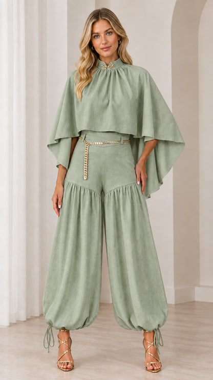 Sage green cape top and ankle-tie balloon pants two-piece outfit