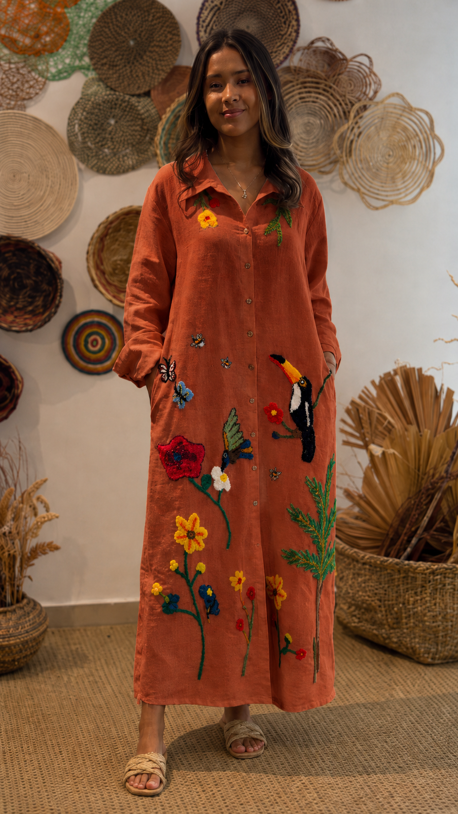 Rust embroidered shirt maxi dress with colorful floral placement and relaxed fit