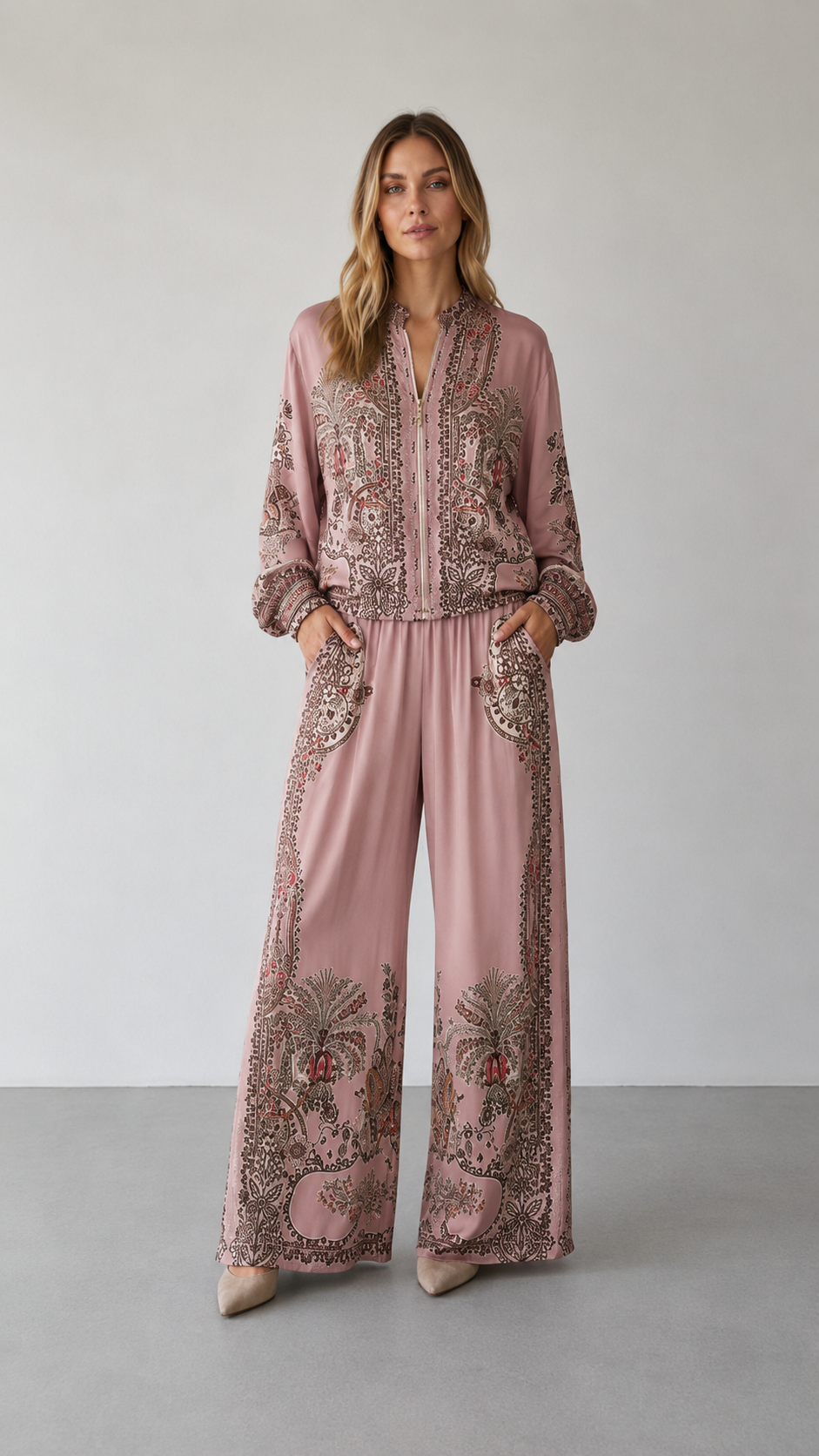 Front view of dusty pink paisley print matching set with wide-leg silhouette