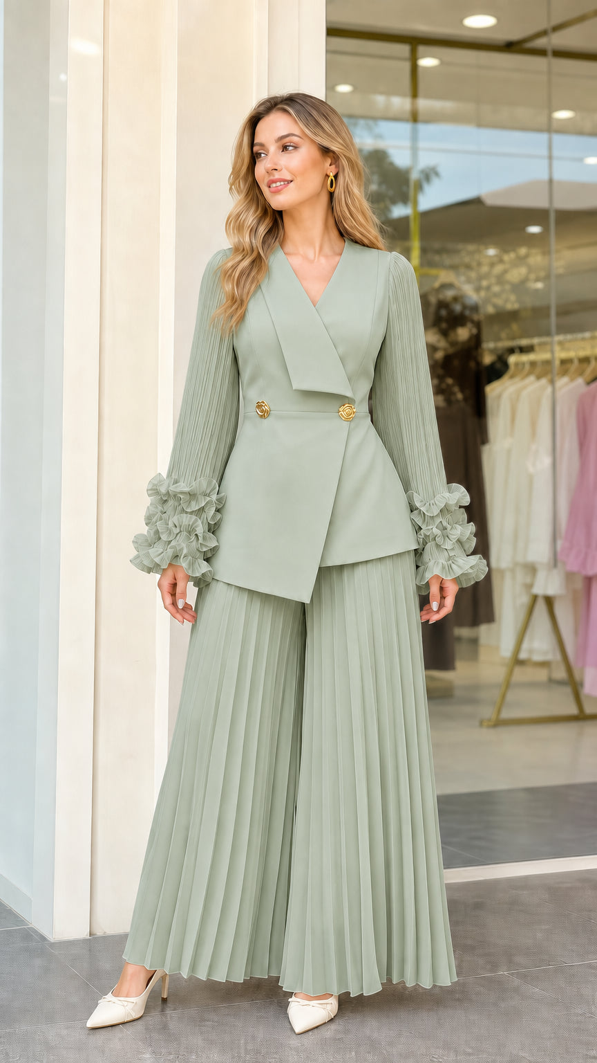 Sage green wrap blazer and pleated wide-leg pant set