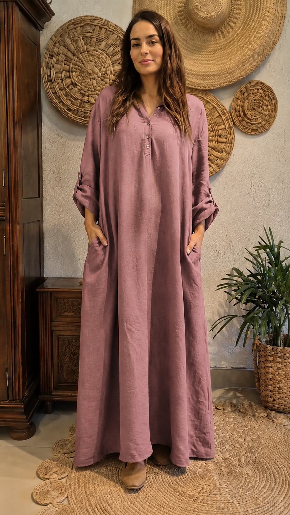 Front view of mauve full-length relaxed dress with rolled sleeves