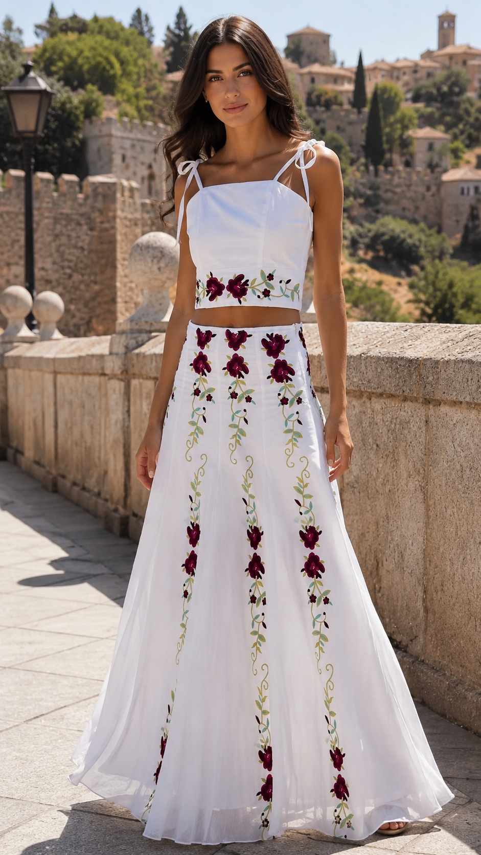 Front view of the white floral embroidered tie-strap crop top and maxi skirt set