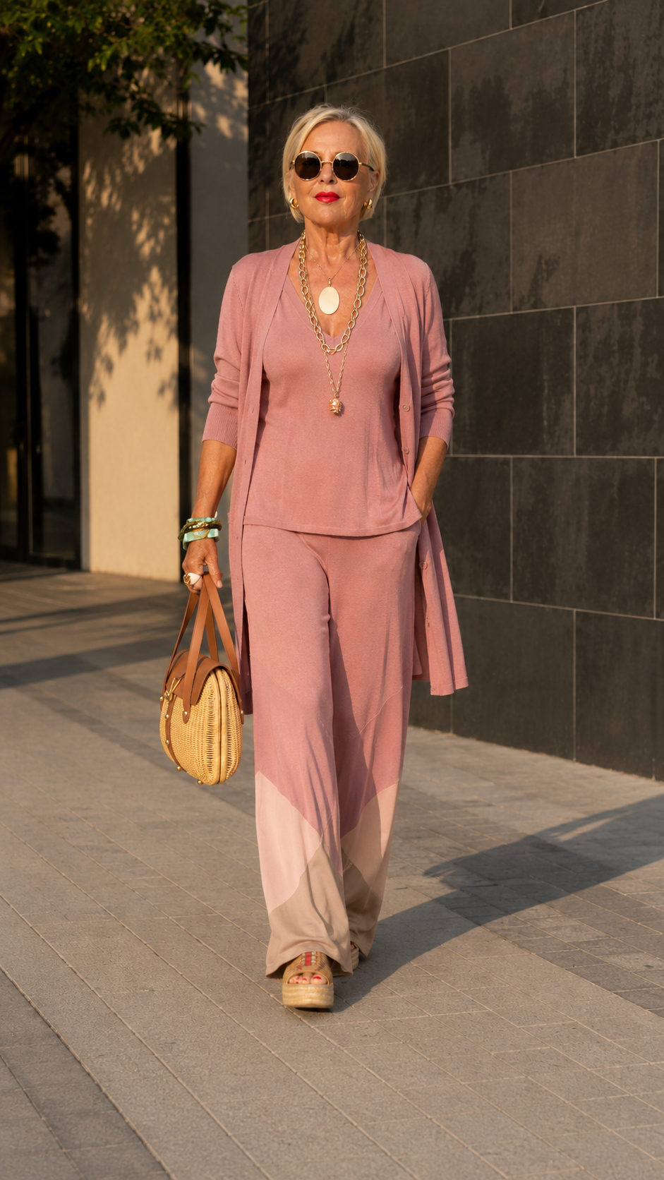 Dusty rose 3-piece cardigan set with soft contrast wide leg pants front view