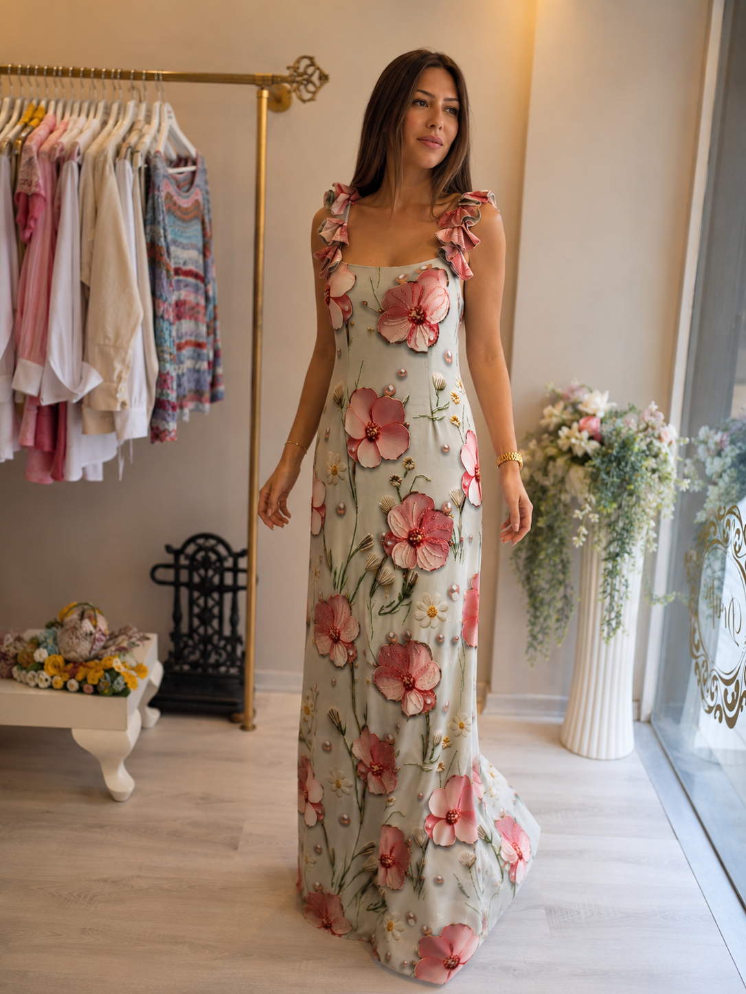 Boutique scene front view of sage green floral maxi dress
