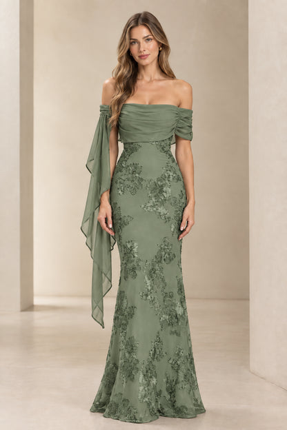 Model wearing sage green off-the-shoulder embroidered lace evening maxi gown